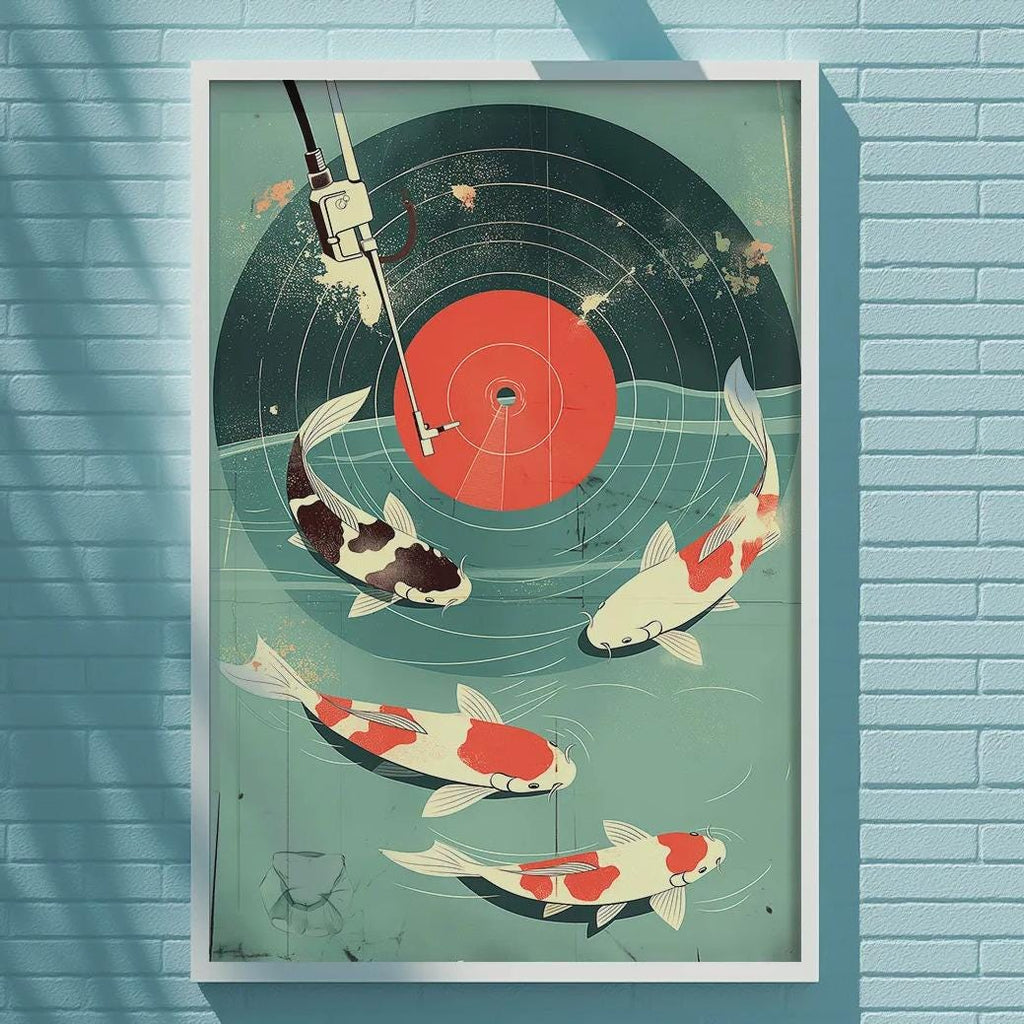 a vibrant poster of koi fish displayed on a blue wall.
