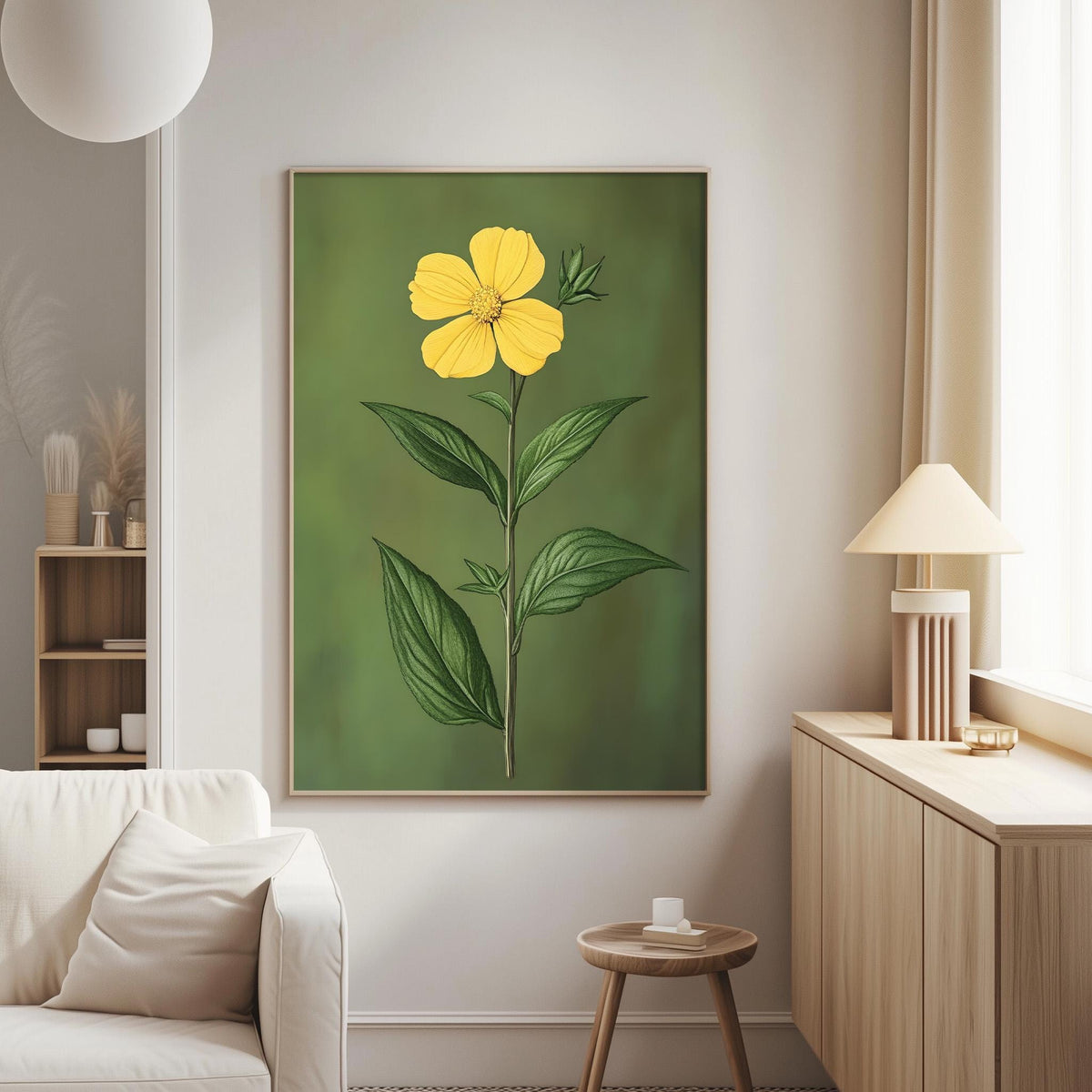 a living room with a large green painting of a yellow flower hanging on the wall. The painting is framed and appears to be the focal point of the room. The room also includes a white sofa, a wooden side table, and a lamp, creating a cozy and inviting atmosphere.
