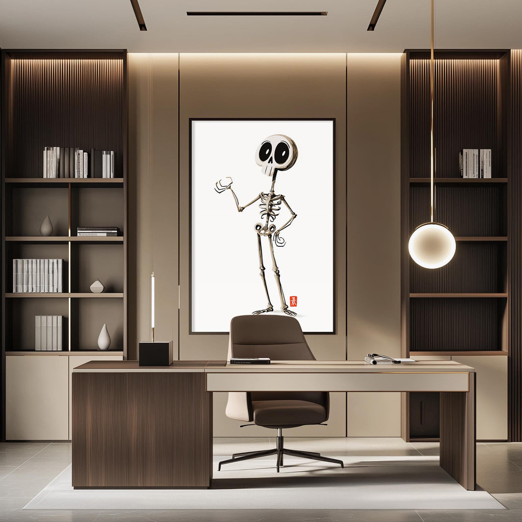 a modern office space with a large skeleton figure displayed on the wall. The office has a minimalist design with a wooden desk, a chair, and a bookshelf. The skeleton figure is positioned in the center of the room, drawing attention to the artwork.