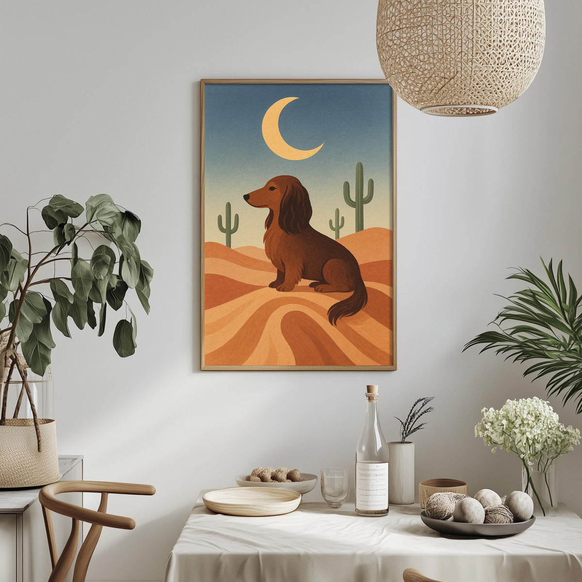 a framed illustration of a dog sitting on a desert landscape, with a crescent moon and cacti in the background. The dog is depicted in a brown color, and the desert scene includes a table with various items on it, such as a bottle, a bowl, and a vase. The overall setting appears to be a cozy and inviting indoor space.
