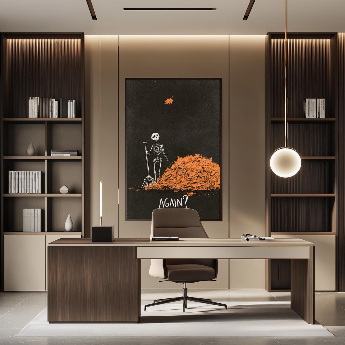 a modern office space with a desk, chair, and bookshelves. The wall behind the desk has a large poster depicting a skeleton holding a broom and a pile of orange leaves.