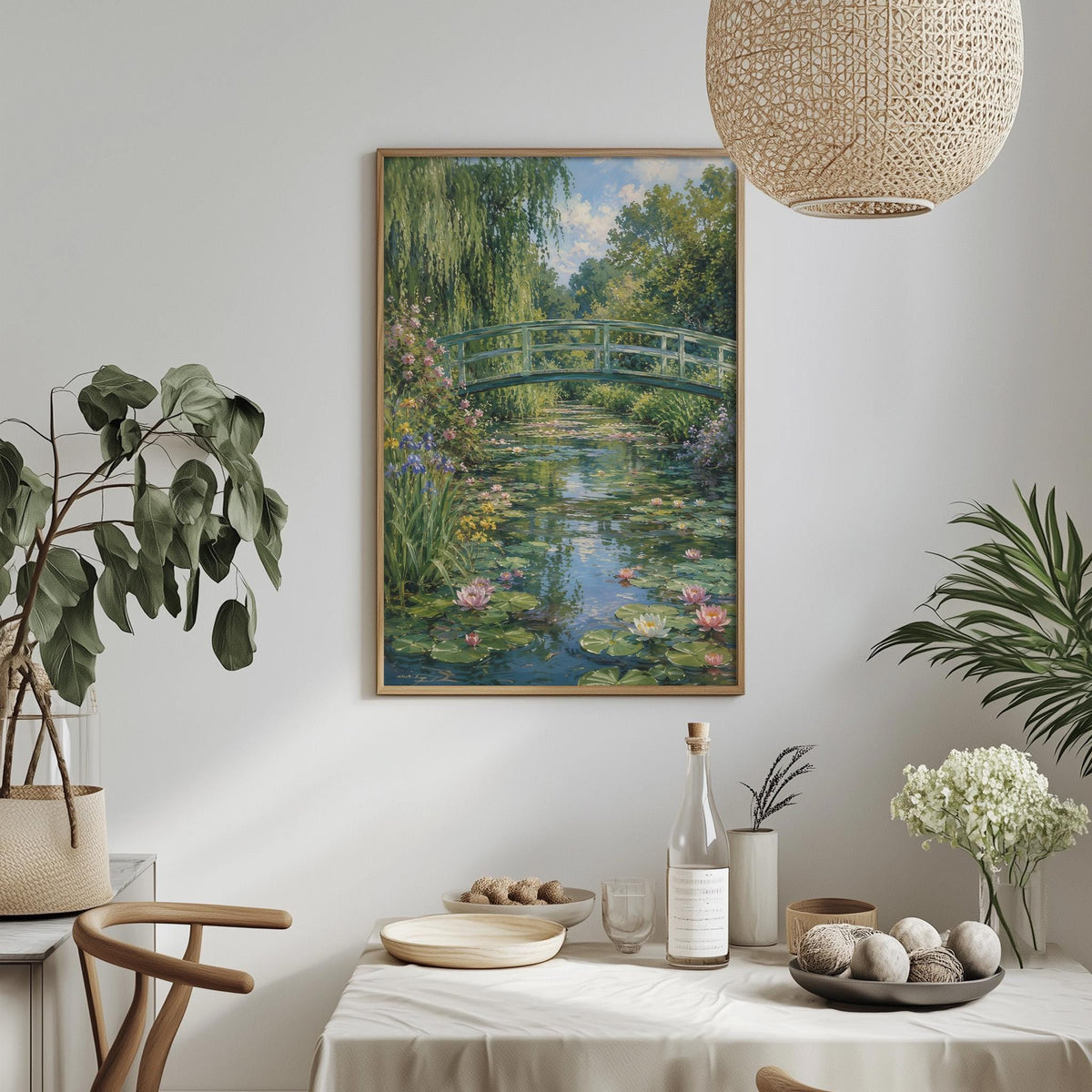 a serene dining area with a table set for a meal, surrounded by potted plants and a painting of a tranquil pond with a bridge in the background.