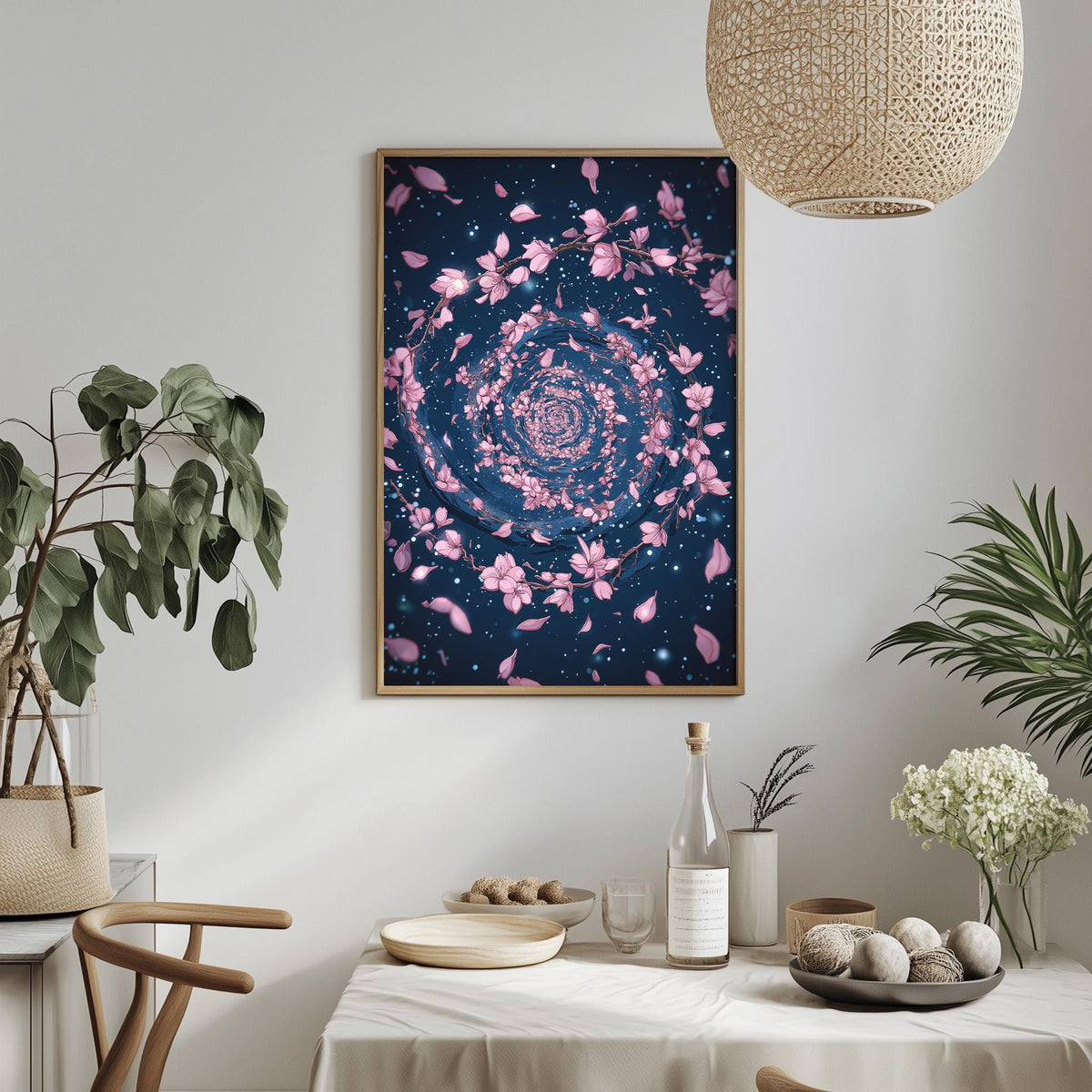 a dining table with a white tablecloth, a bowl of fruit, a bottle, and a vase with flowers. Above the table, there is a framed picture of pink flowers against a dark blue background.