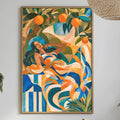 a vibrant, abstract painting hanging on a wall above a dining table with various decorative items and plants.