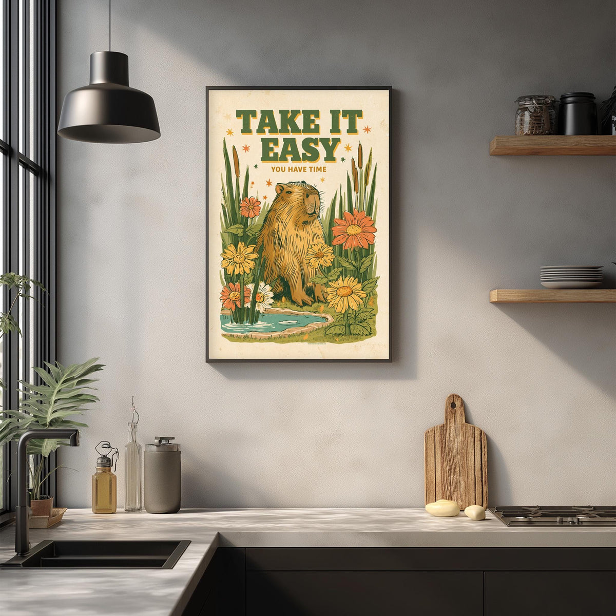 a framed poster with a lion and flowers hanging on a wall above a kitchen counter.