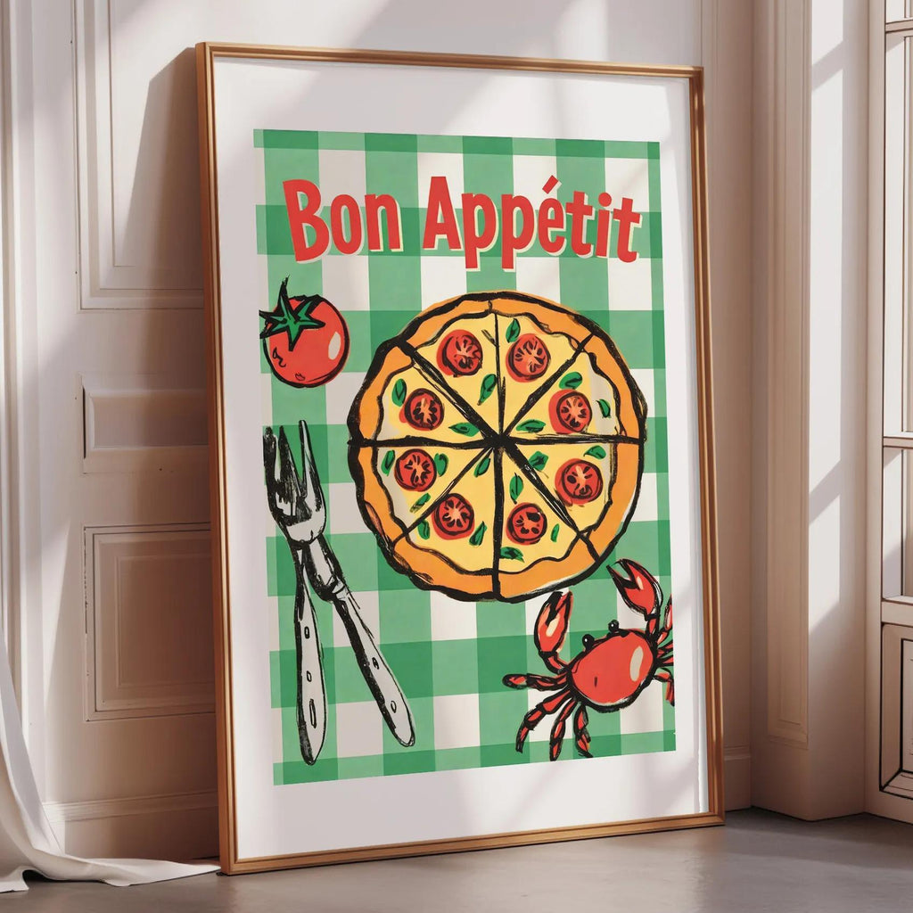 A framed poster with a pizza and various food items, including a tomato, crab, and utensils, is displayed on a wall.