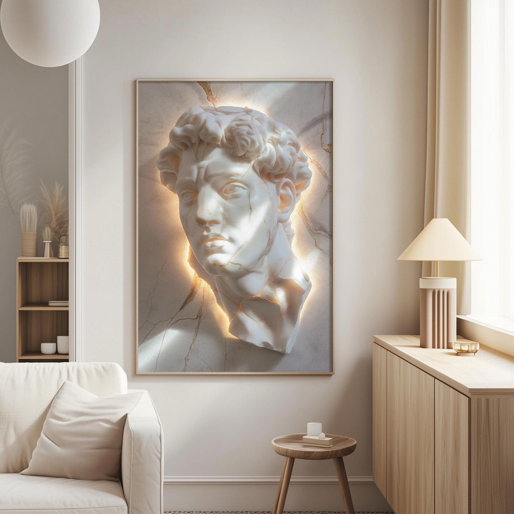 a large, white marble bust of a man's head mounted on a wall in a living room.