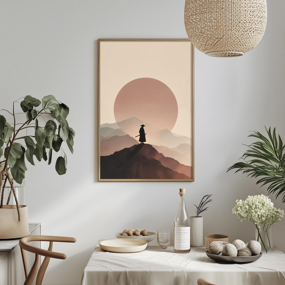 a serene indoor setting with a framed picture of a person standing on a mountain, silhouetted against a sunset. The picture is hung on a wall above a dining table, which is adorned with various decorative items such as potted plants, vases, and bowls. The overall atmosphere of the scene is calm and peaceful, with the natural elements of the mountain and sunset creating a harmonious and visually appealing composition.