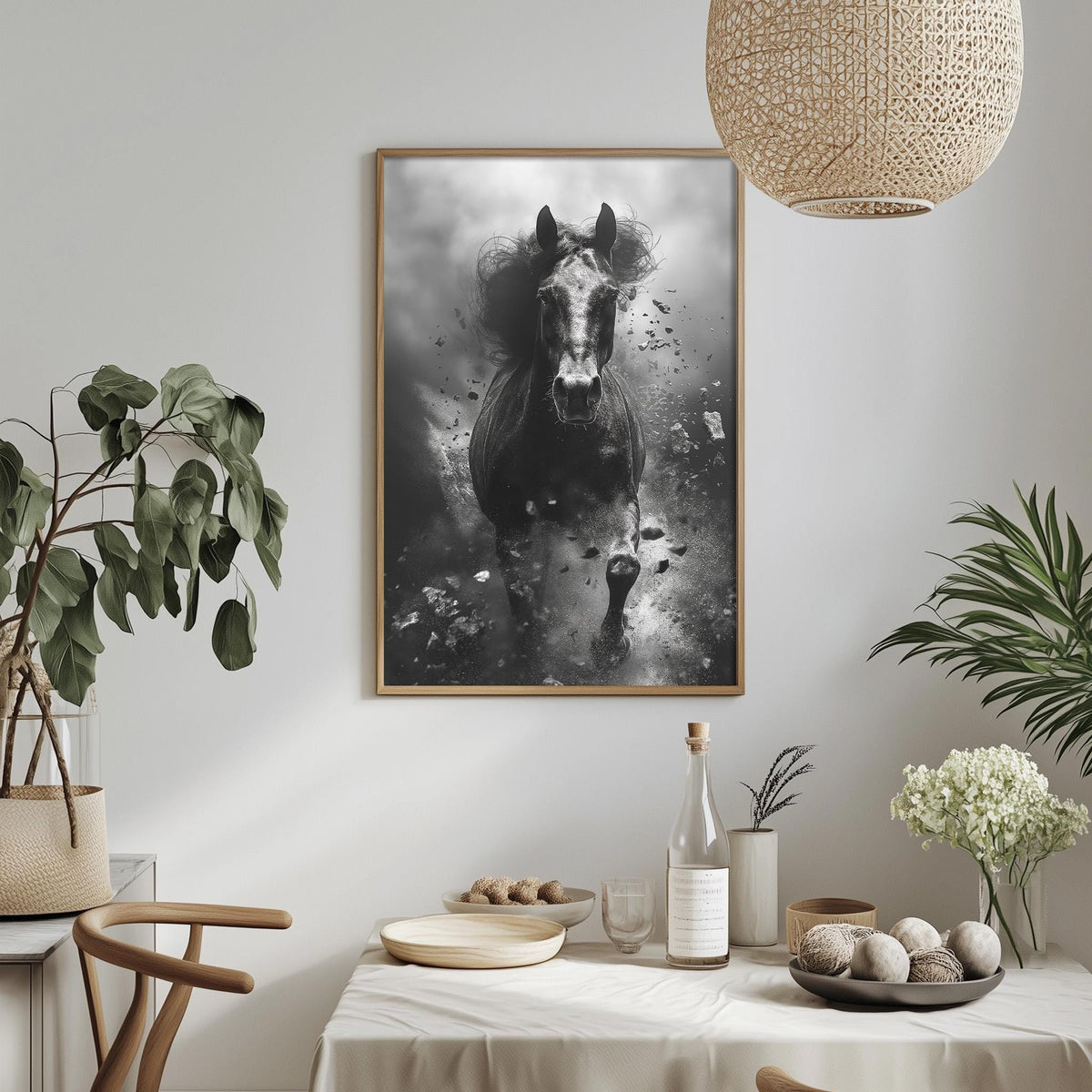 a black and white photograph of a horse running, hanging on a wall above a table with various items on it.