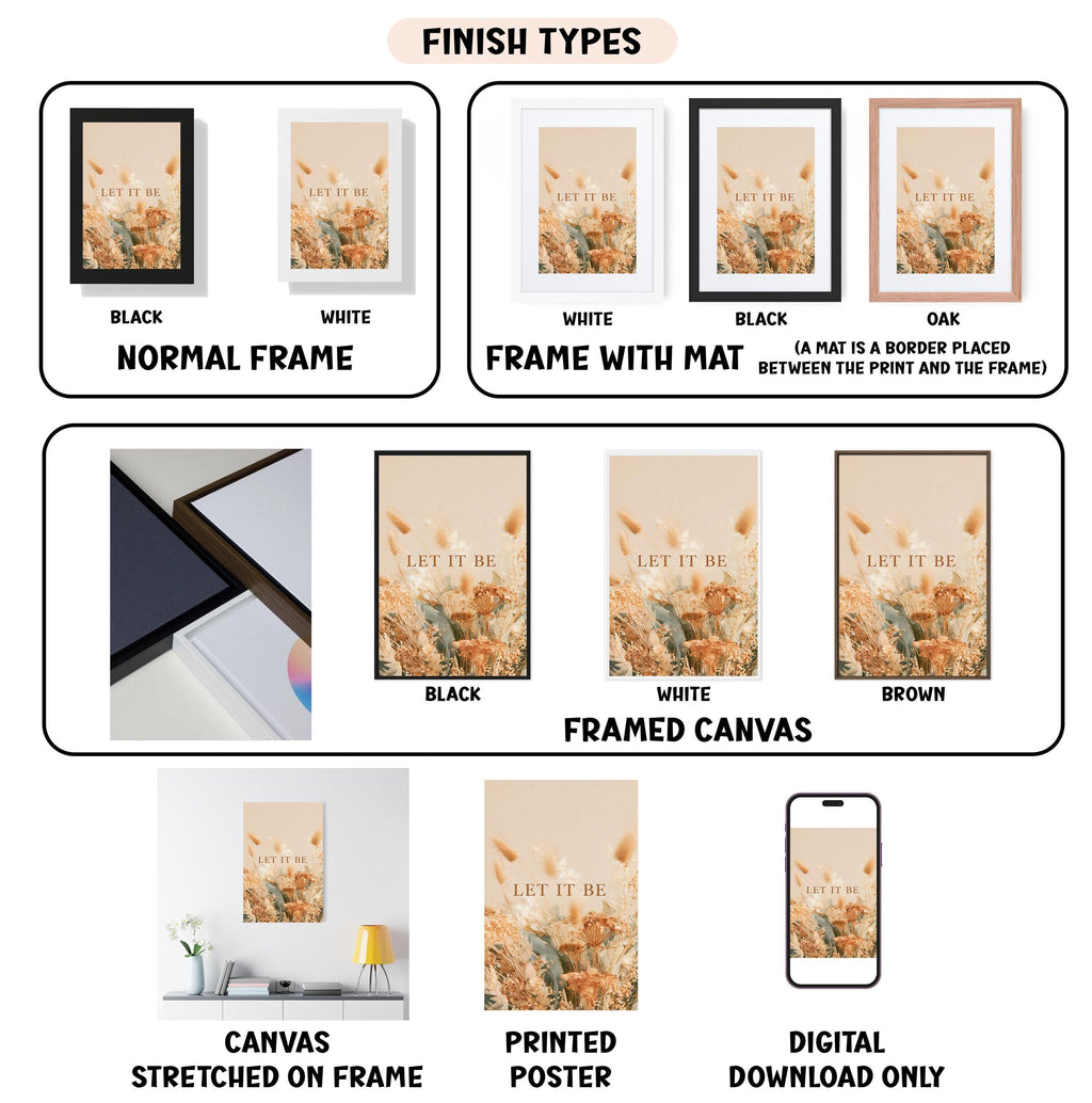 various types of artwork, including framed prints, canvas prints, and digital prints, each with different finishes and frame types.