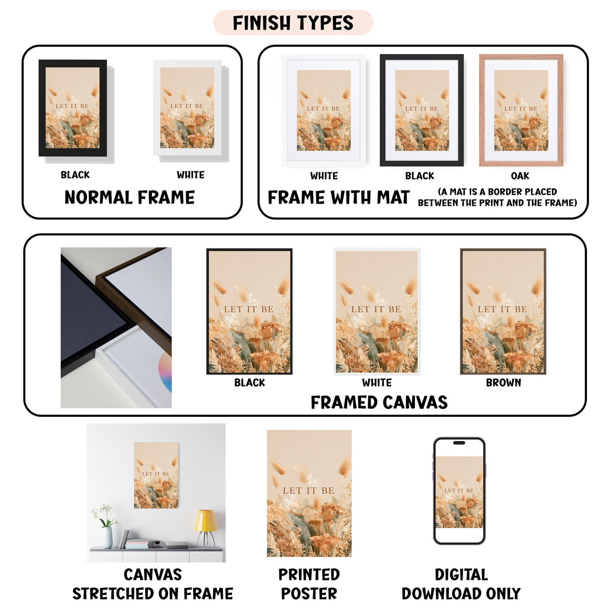 various types of artwork, including framed prints, canvas prints, and digital prints, each with different finishes and frame types.