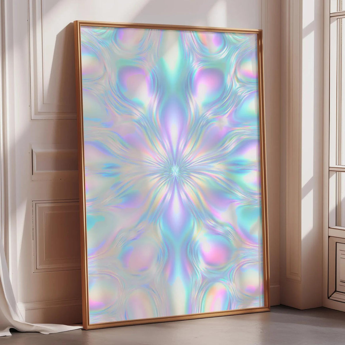 a large, vibrant, and colorful abstract painting or poster displayed on a wall in a room with a window.