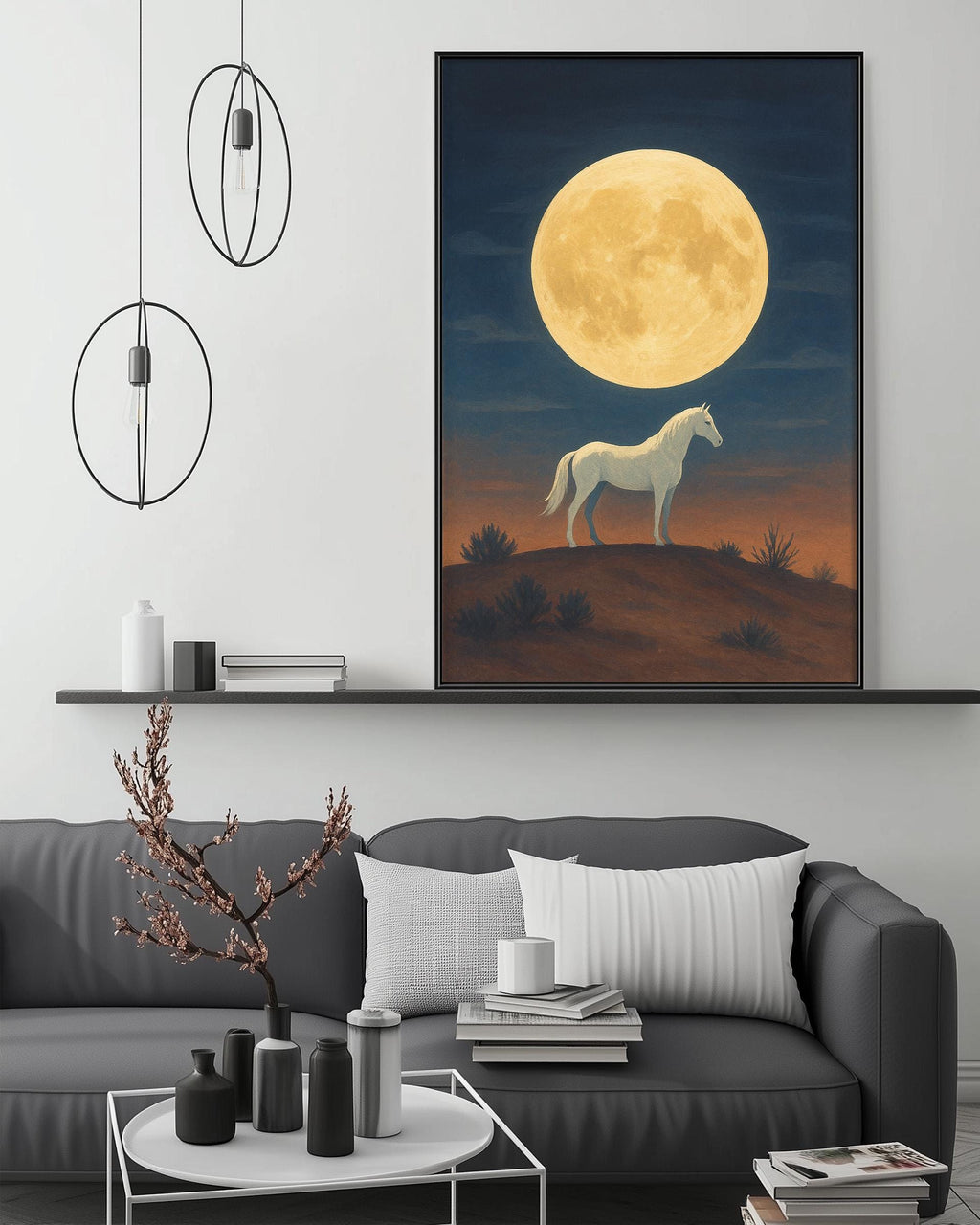 a large painting of a white horse standing on a hill under a large full moon, with a cozy living room setting in the background.