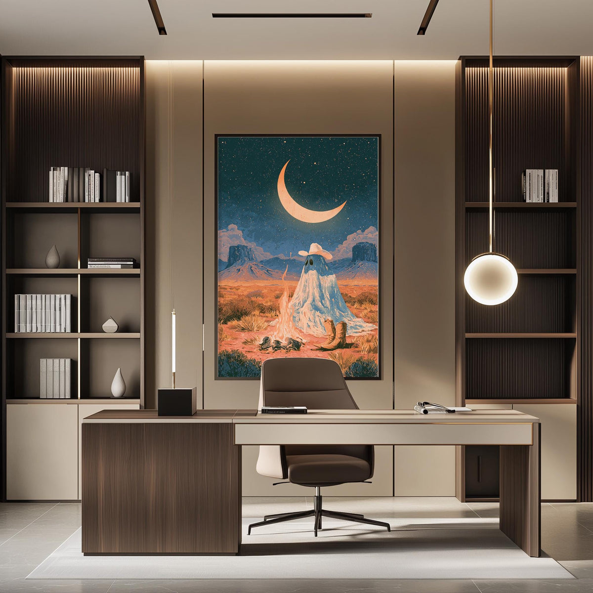 a modern office space with a large framed artwork depicting a desert landscape with a crescent moon and stars in the night sky. The office has a wooden desk, a comfortable-looking chair, and a bookshelf filled with books. The overall design and decor create a serene and creative atmosphere.
