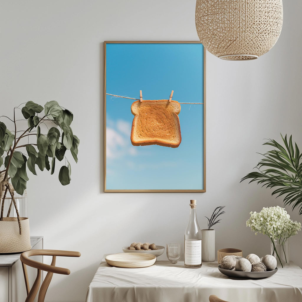 a dining table with a white tablecloth, a bowl of fruit, a bottle, and a vase with flowers. Above the table, there is a framed picture of a piece of bread hanging on a clothesline.