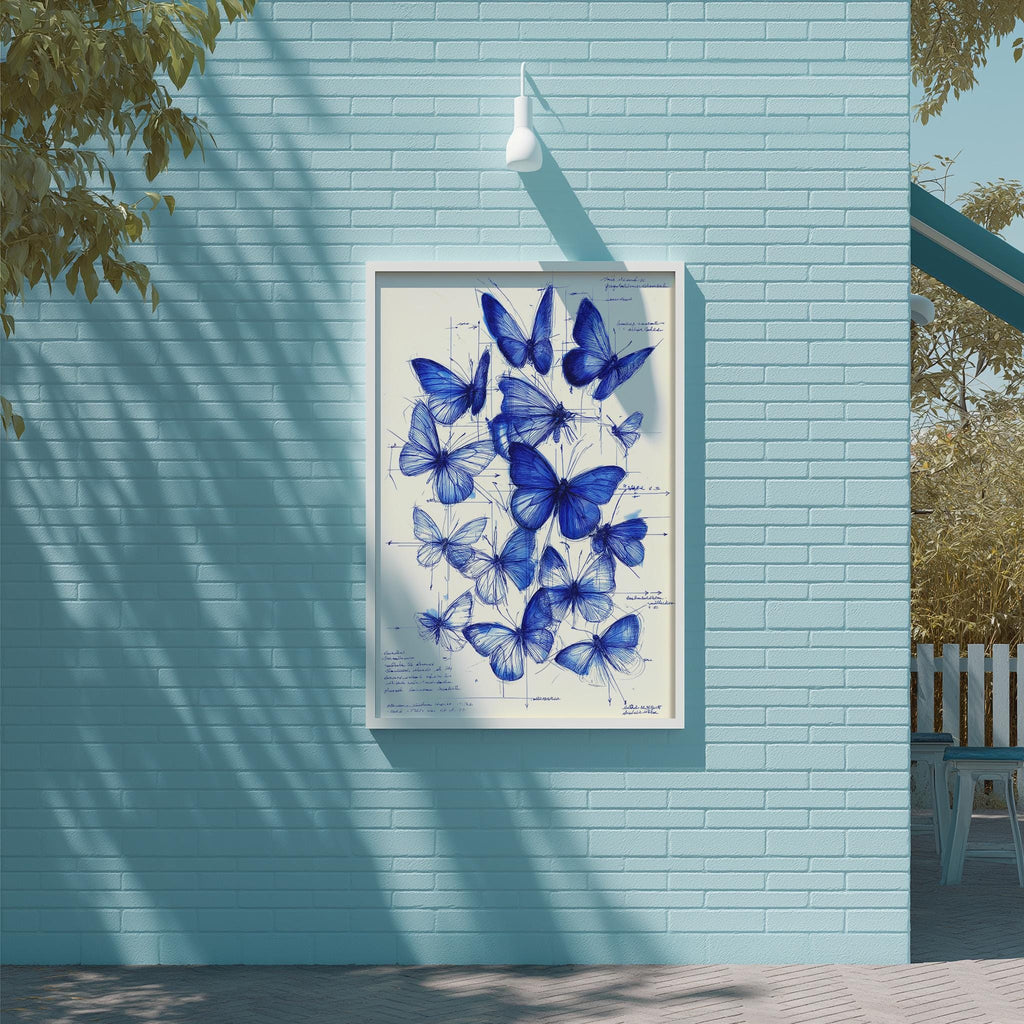 a blue brick wall with a framed artwork of blue butterflies hanging on it.