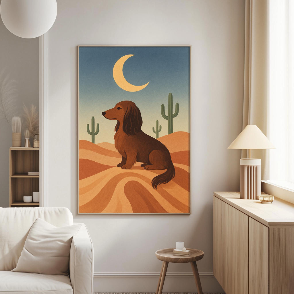 a large, colorful painting of a dachshund dog sitting on a desert landscape, with cacti and a crescent moon in the background.