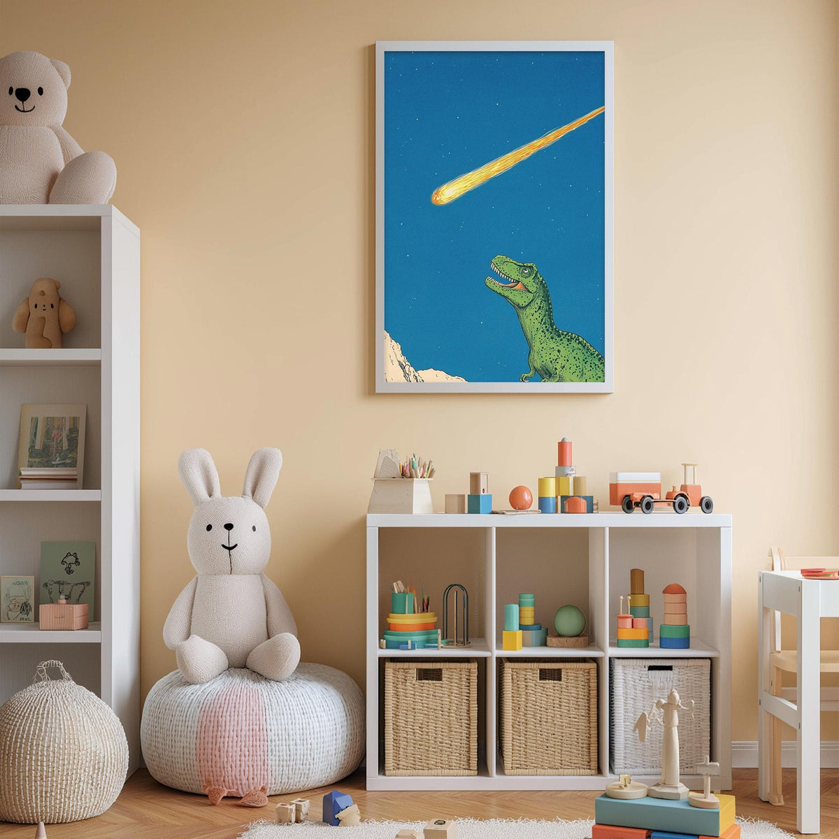 A child's bedroom with a stuffed rabbit, a dinosaur, and a shelf with toys and storage bins. A framed illustration of a dinosaur and a shooting star is displayed on the wall above the shelf.