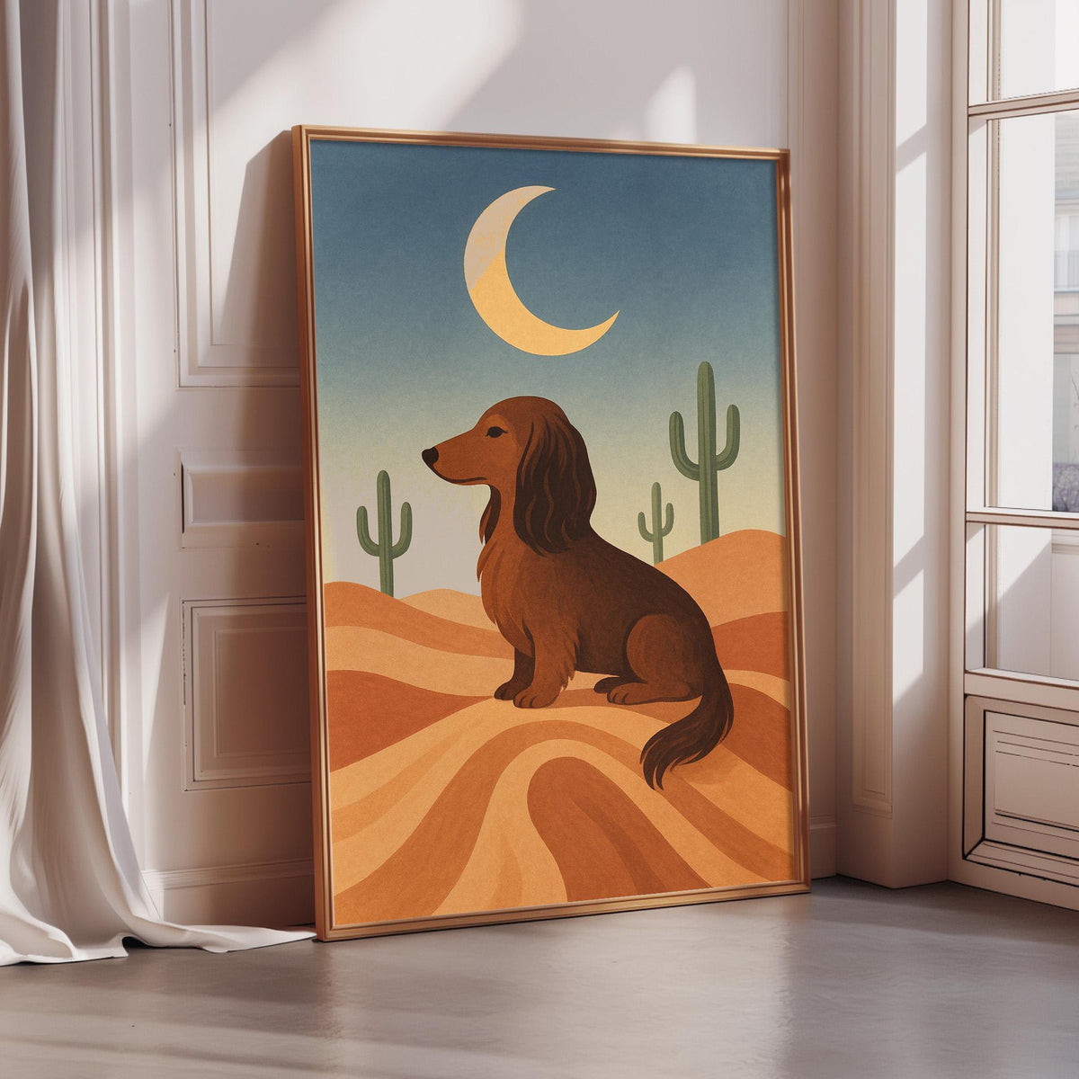 a framed illustration of a dachshund dog sitting on a desert landscape with cacti and a crescent moon in the sky.