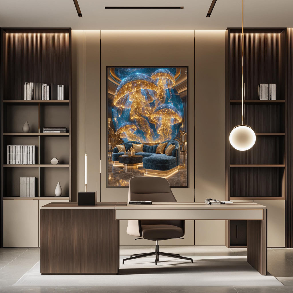 a modern and luxurious office space with a large, striking painting of a mushroom-like structure in the center. The room is well-lit, with a desk, chair, and bookshelves visible. The overall design and decor create a sophisticated and elegant atmosphere.