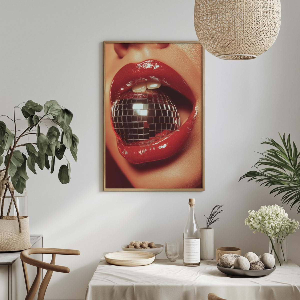 a dining table with a white tablecloth, a bowl of fruit, a bottle, and a vase with flowers. Above the table, there is a framed picture of a woman's lips with a disco ball in them.