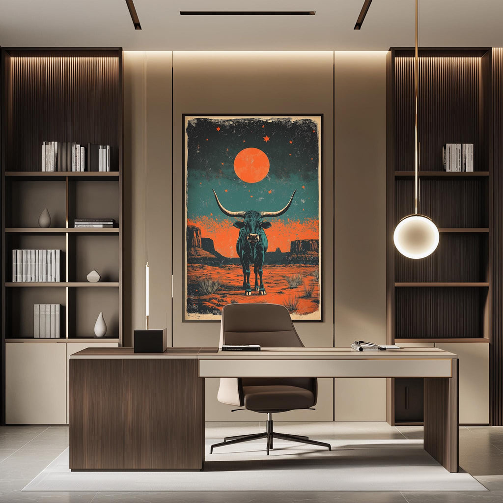 a modern office space with a large framed poster of a bull with horns on the wall, a wooden desk with a chair, and a bookshelf filled with books.