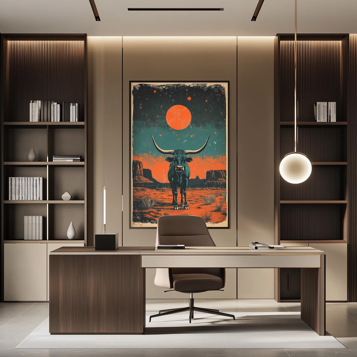 a modern office space with a large framed poster of a bull with horns on the wall, a wooden desk with a chair, and a bookshelf filled with books.