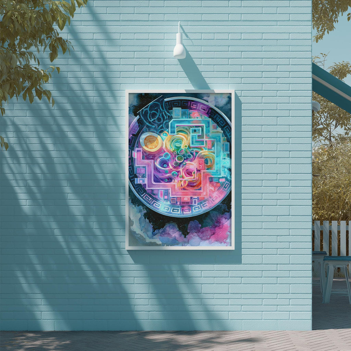 a vibrant, colorful abstract painting hanging on a light blue brick wall.