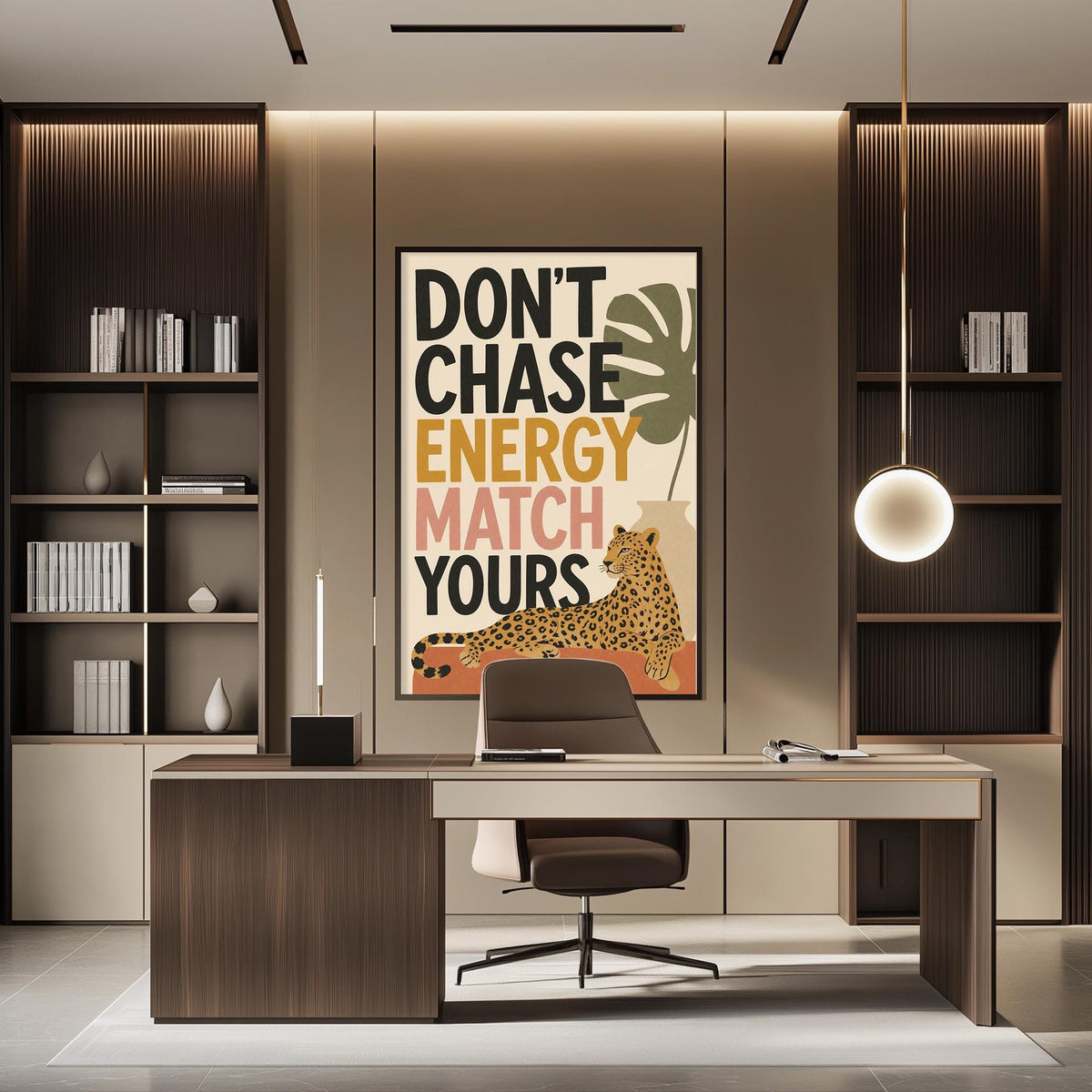 a modern office space with a large framed poster on the wall that reads "DON'T CHASE ENERGY MATCH YOURS". The office has a wooden desk and chair, and there are bookshelves on either side of the desk. The overall design and decor of the space create a professional and inspiring atmosphere.