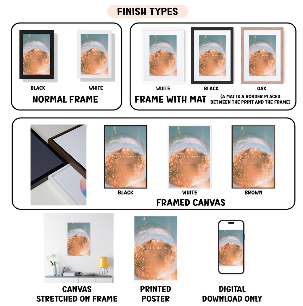 various types of artwork, including framed prints, canvas prints, and digital prints, each with different finishes and frame types.
