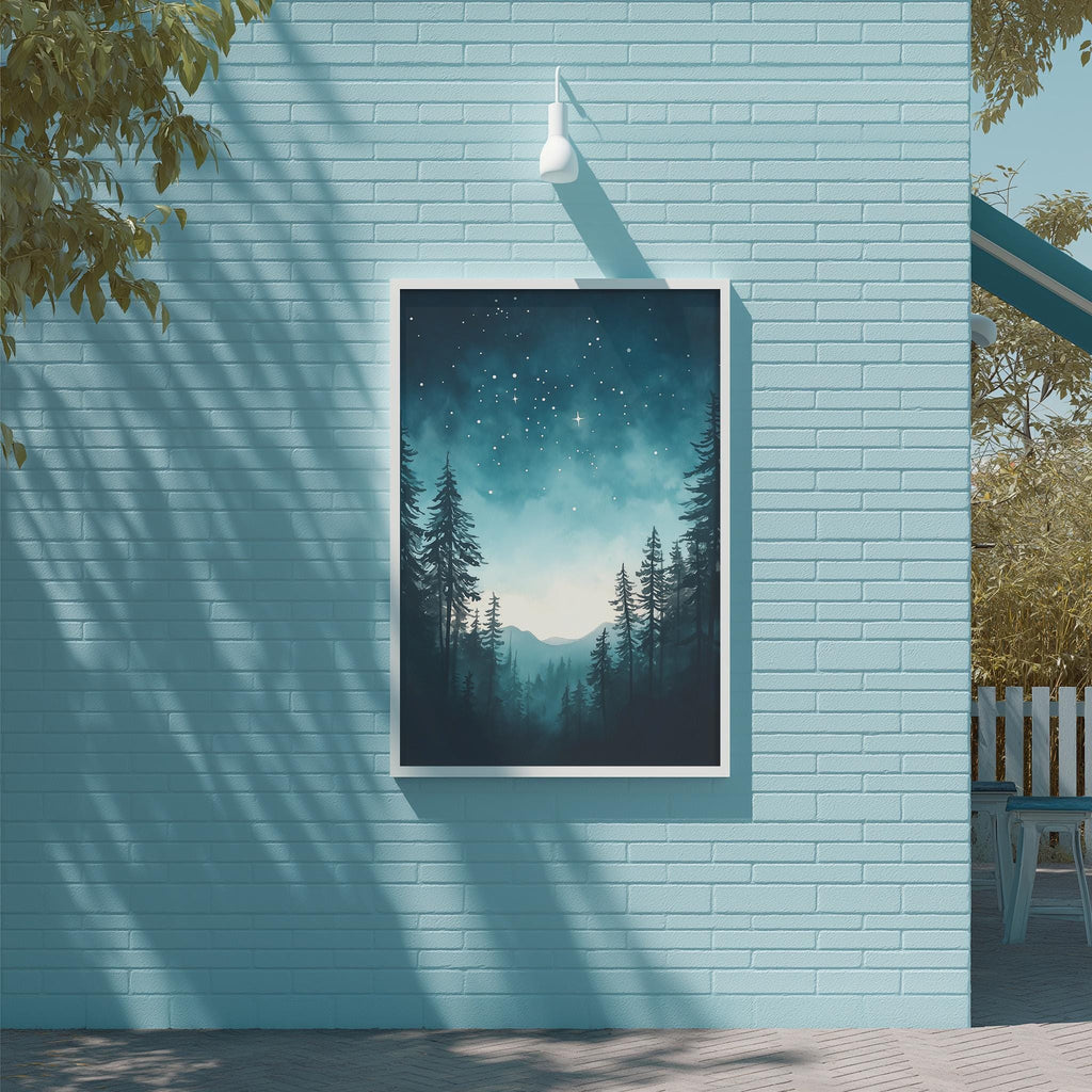 a serene night scene with a forest landscape under a starry sky, displayed on a blue brick wall.