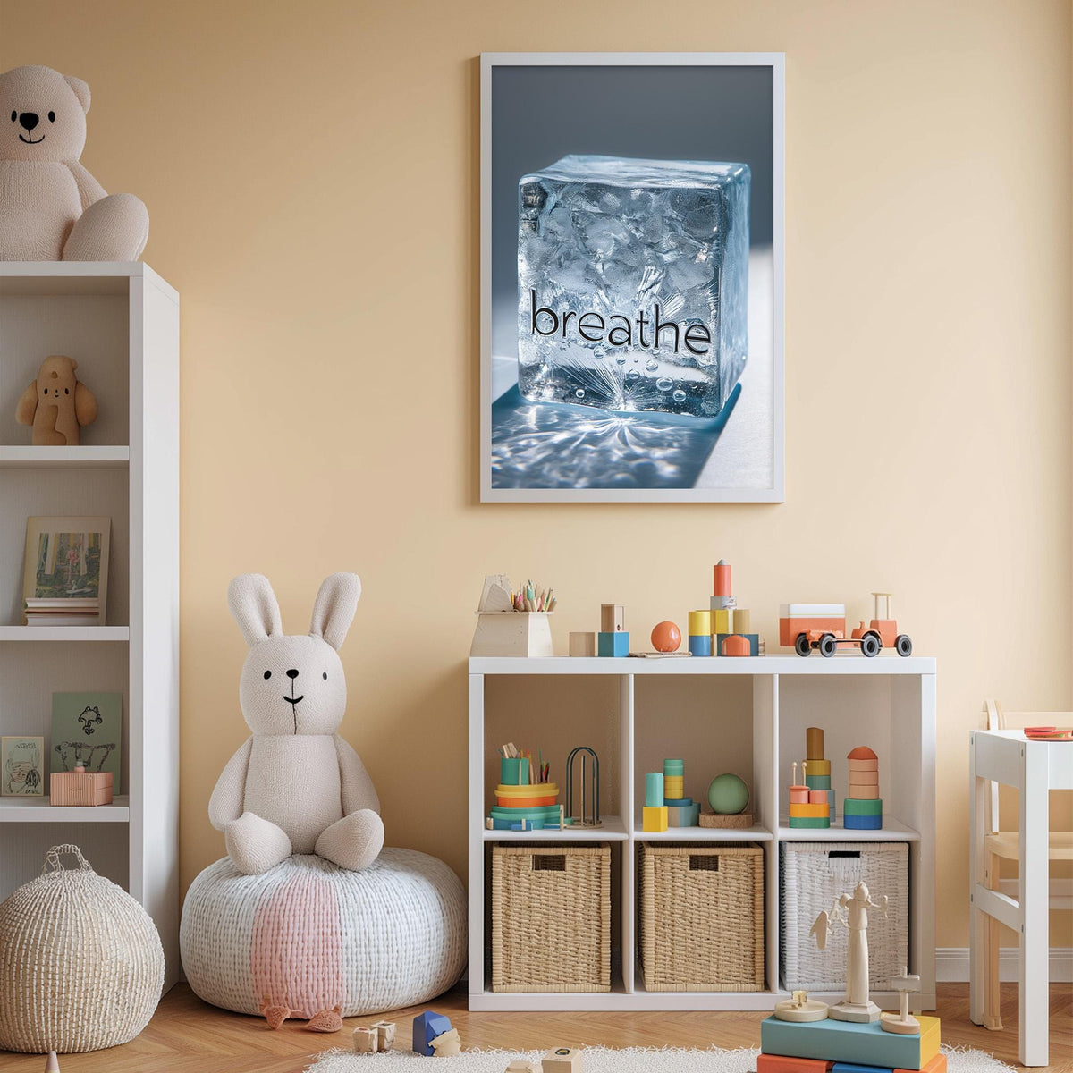 A child's bedroom with a white bookshelf, a stuffed rabbit, and a toy train. Above the bookshelf is a framed poster with the word "breathe" on it.