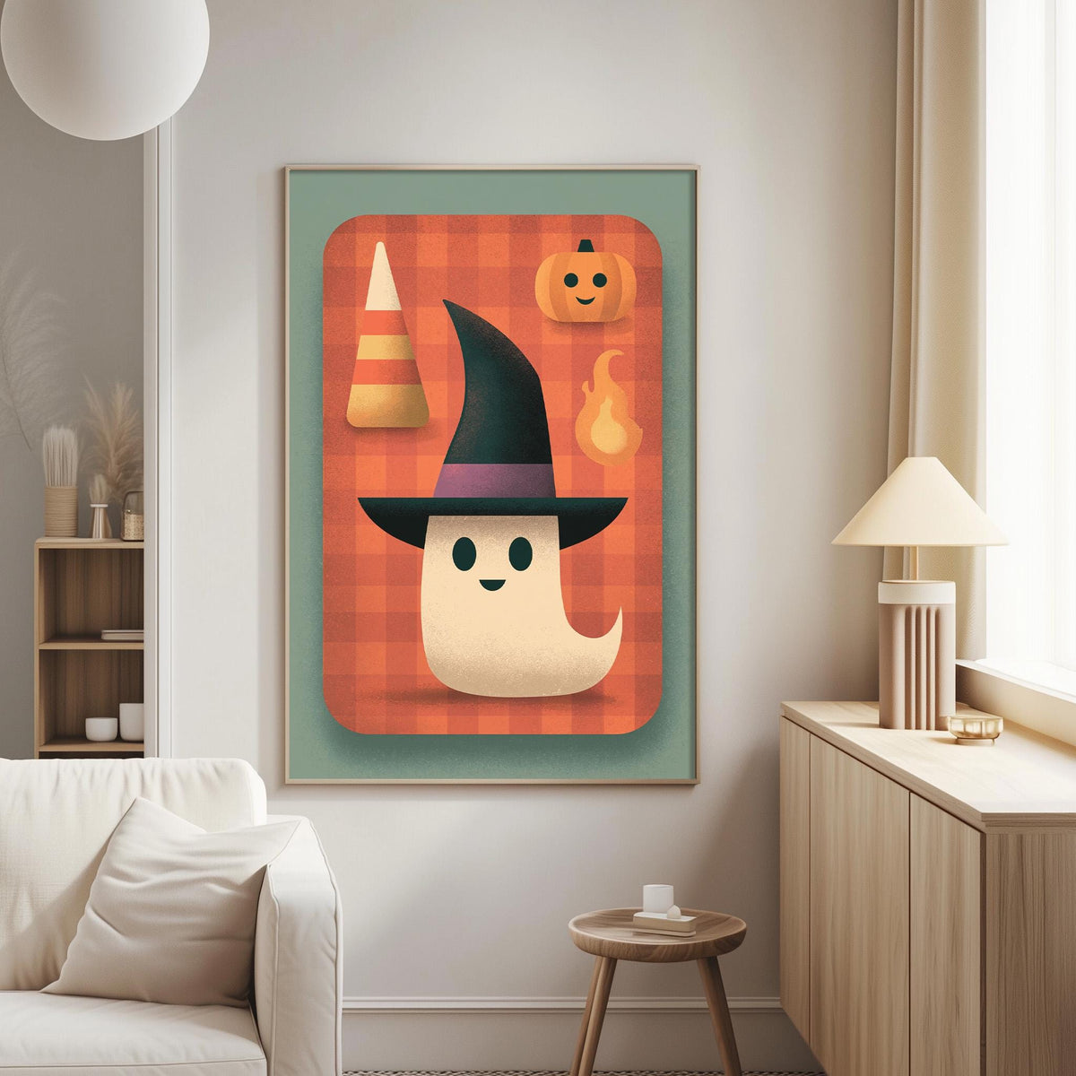 a cozy living room with a white couch, a wooden side table, and a lamp. A framed poster of a ghost wearing a witch's hat is hanging on the wall, adding a whimsical touch to the room.