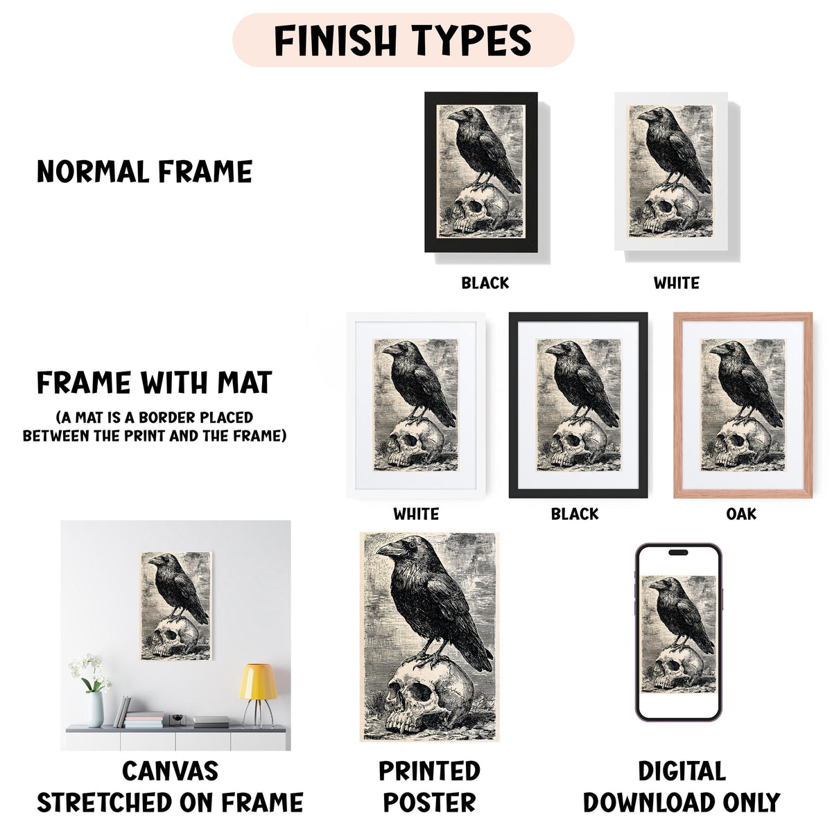 various framed artworks featuring a black and white image of a bird perched on a skull, with different frame colors and styles.