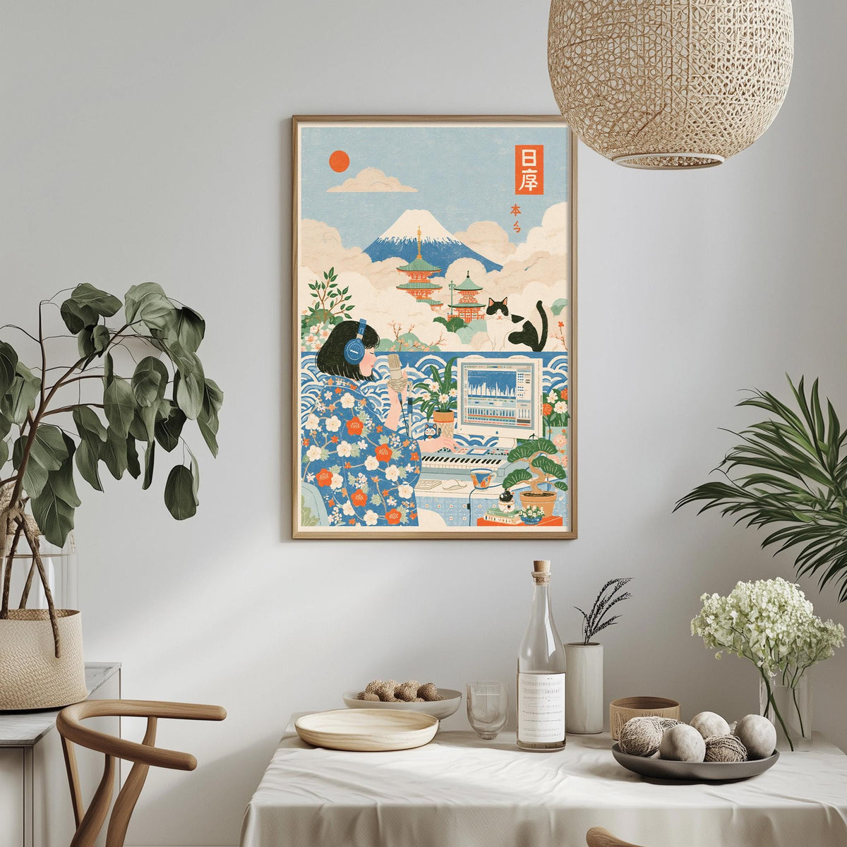 a framed illustration of a woman in a floral dress, surrounded by various objects such as a cat, a television, and a potted plant, all set against a backdrop of a mountain and a clear blue sky.