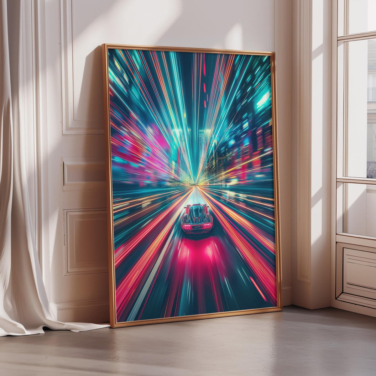 The image is a vibrant and colorful abstract painting depicting a car traveling through a city at high speed, with blurred lights and streaks of color creating a sense of motion and energy.
