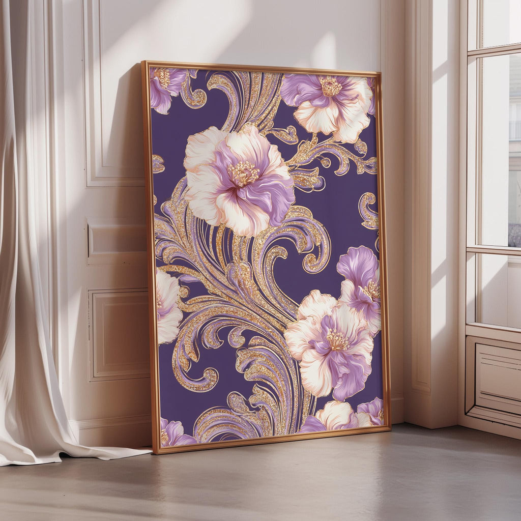 A framed poster with a vibrant floral design in shades of purple and gold, featuring large white and purple flowers with intricate gold scrollwork.