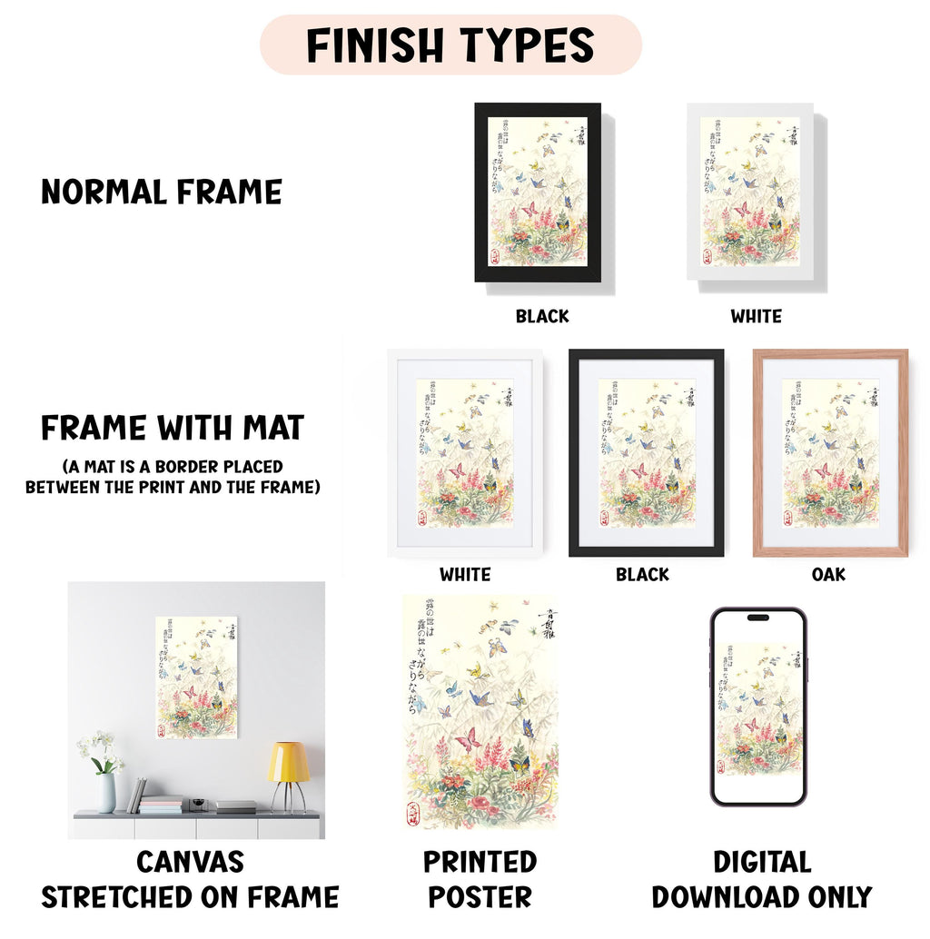 various types of artwork, including a framed print, a canvas stretched on a frame, a printed poster, and a digital download. The artwork is presented in different frame colors and styles, such as a normal frame, a black frame, a white frame, and an oak frame. The artwork is displayed in different settings, such as a wall, a shelf, and a table. The image is described in a way that avoids redundancy and focuses on the content and presentation of the artwork.