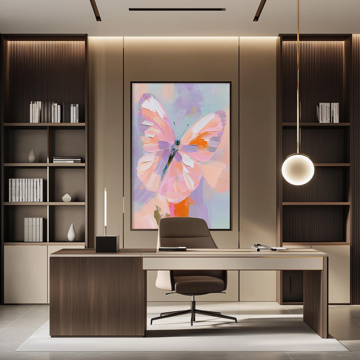 a modern and stylish office space with a large, colorful butterfly painting on the wall behind a wooden desk.