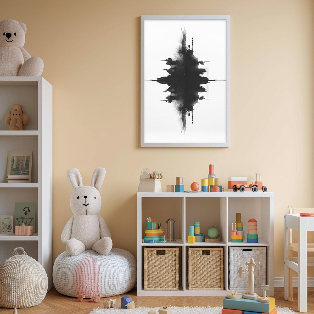 A cozy and colorful children's playroom with a white bookshelf, a plush rabbit, and a toy train set. The room has a warm, inviting atmosphere with a large abstract art piece hanging on the wall.