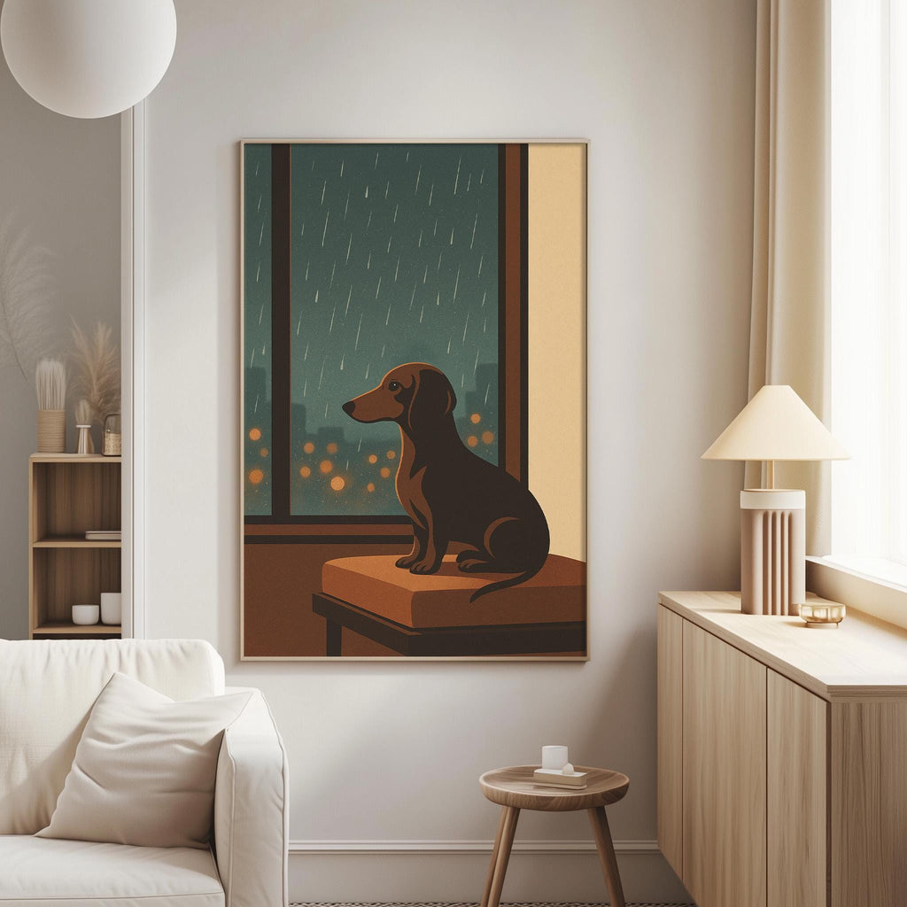 a cozy living room with a large painting of a dog sitting on a bench, looking out a window. The room has a white sofa, a wooden side table, and a lamp on a nearby table.