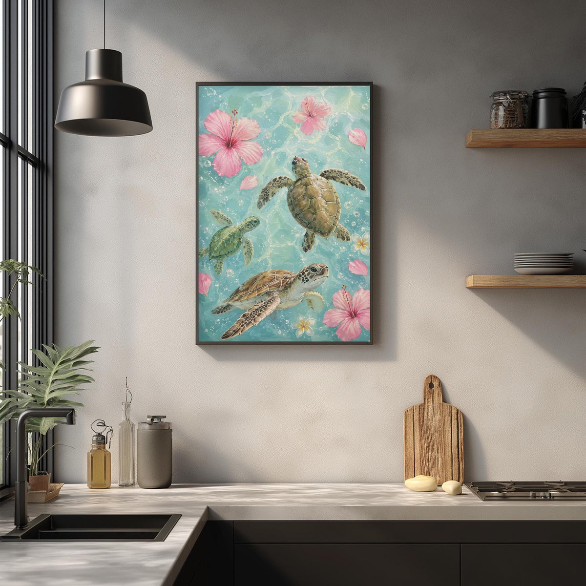 a framed painting of sea turtles swimming in a blue ocean scene, with pink flowers in the background.
