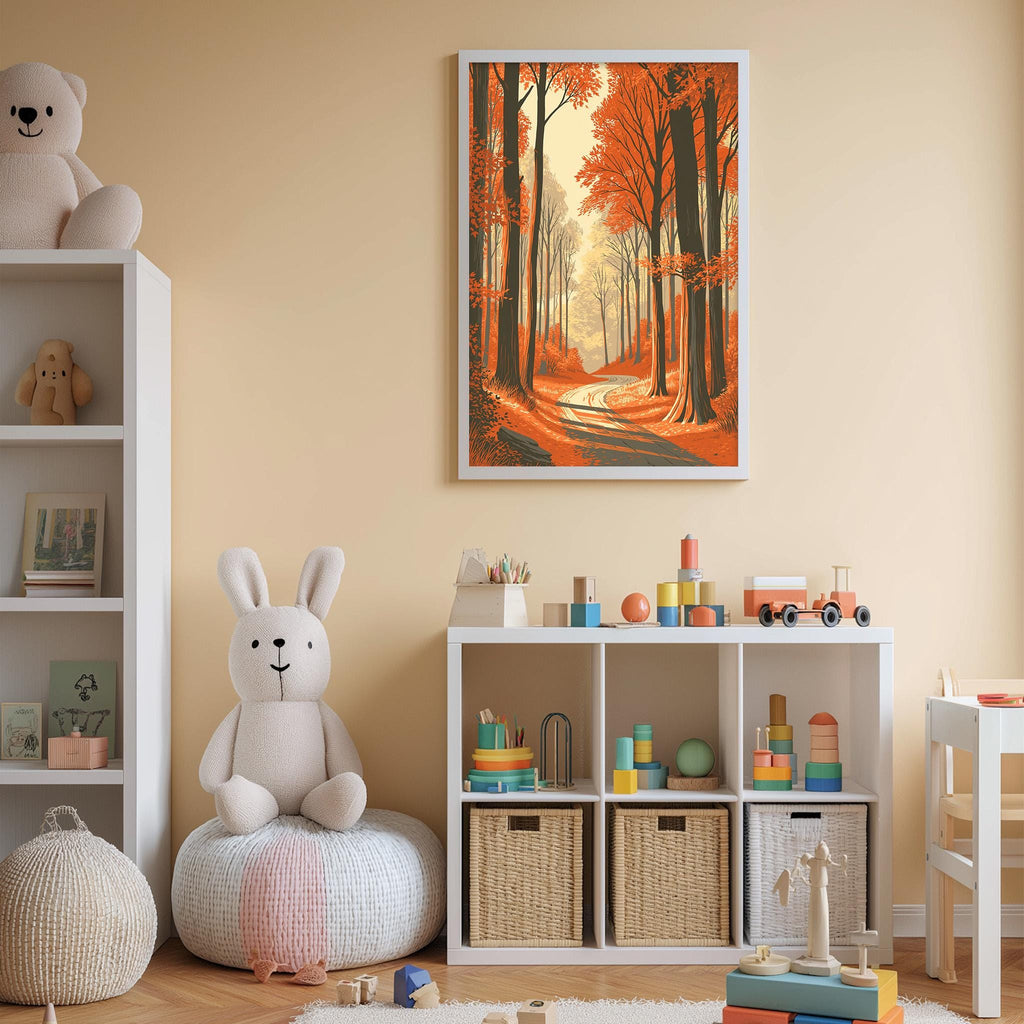 A cozy children's room with a large stuffed rabbit, a bookshelf, and a colorful painting of a forest scene.