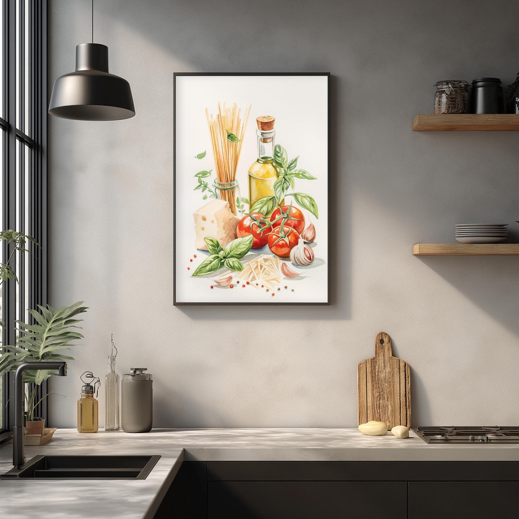 a kitchen counter with various kitchen items, including a cutting board, a bottle of olive oil, and a framed print of fresh vegetables and herbs.