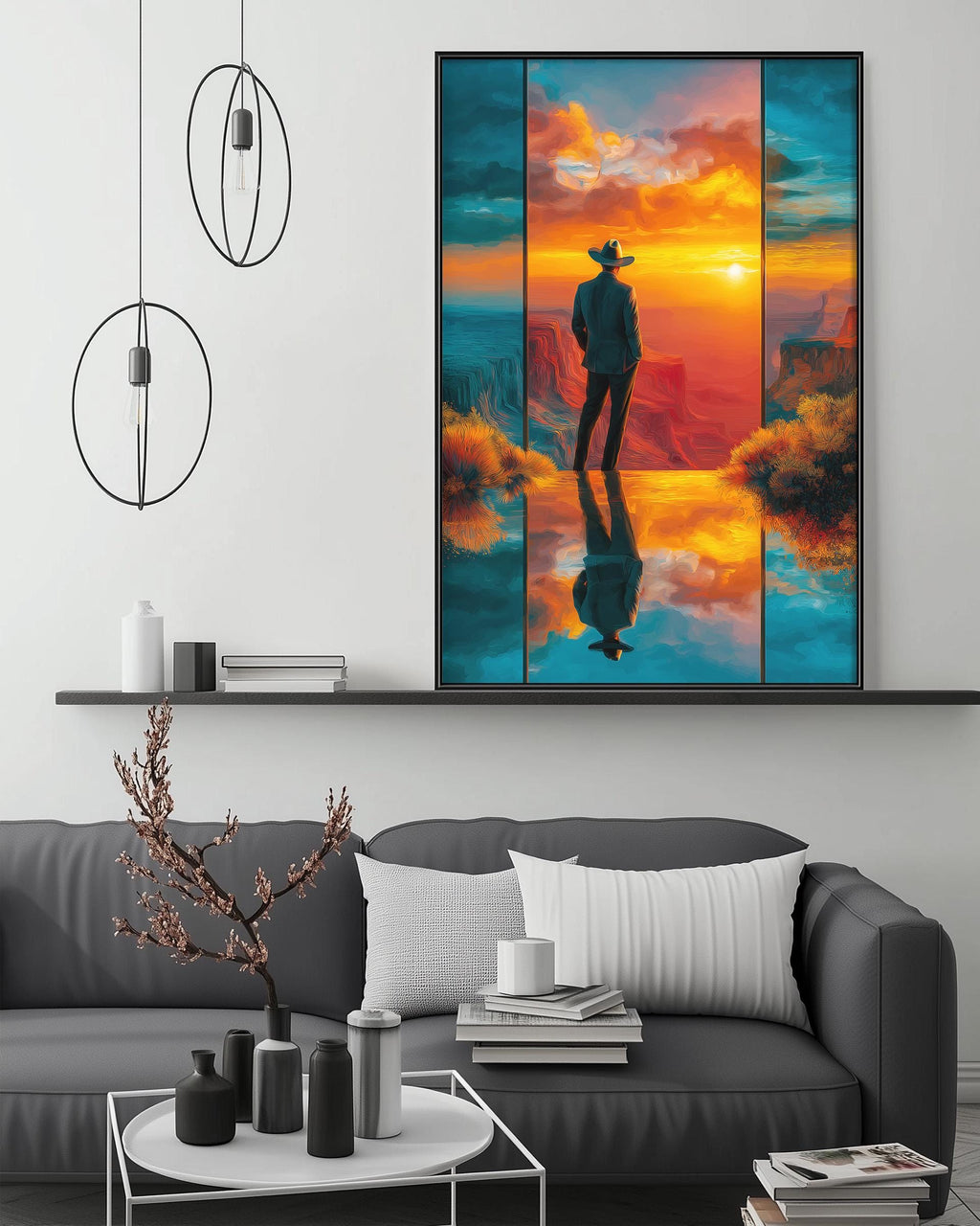 a modern living room with a gray sofa, a coffee table, and a large framed painting depicting a cowboy standing in front of a sunset.
