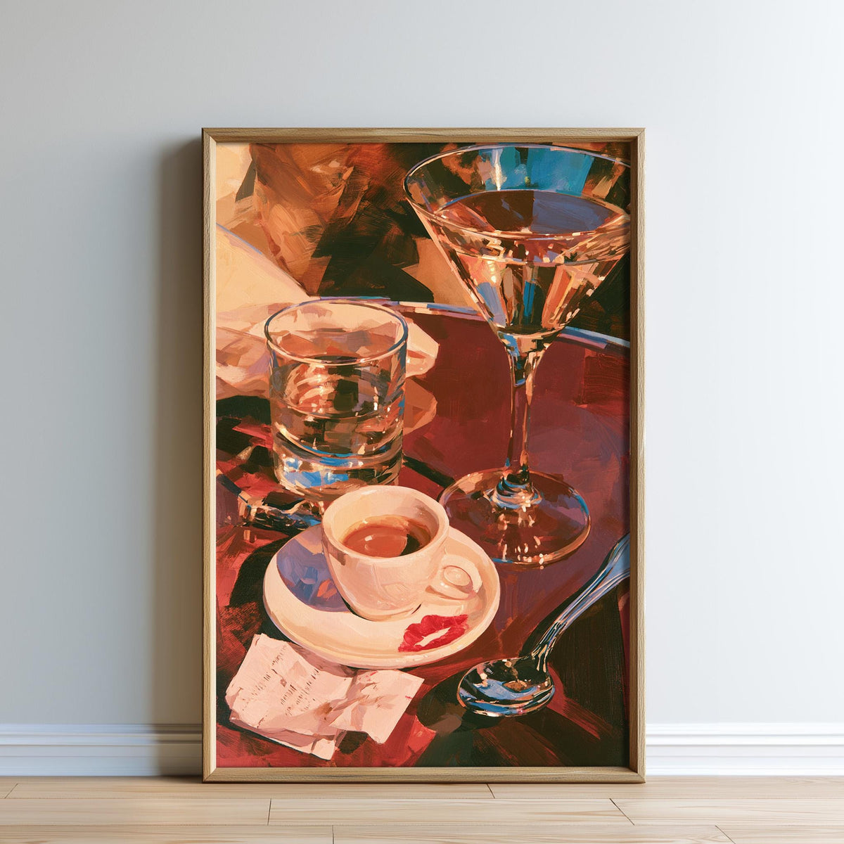 The image is a framed painting depicting a table with various drinks, including a martini glass, a cup of coffee, and a glass of water.