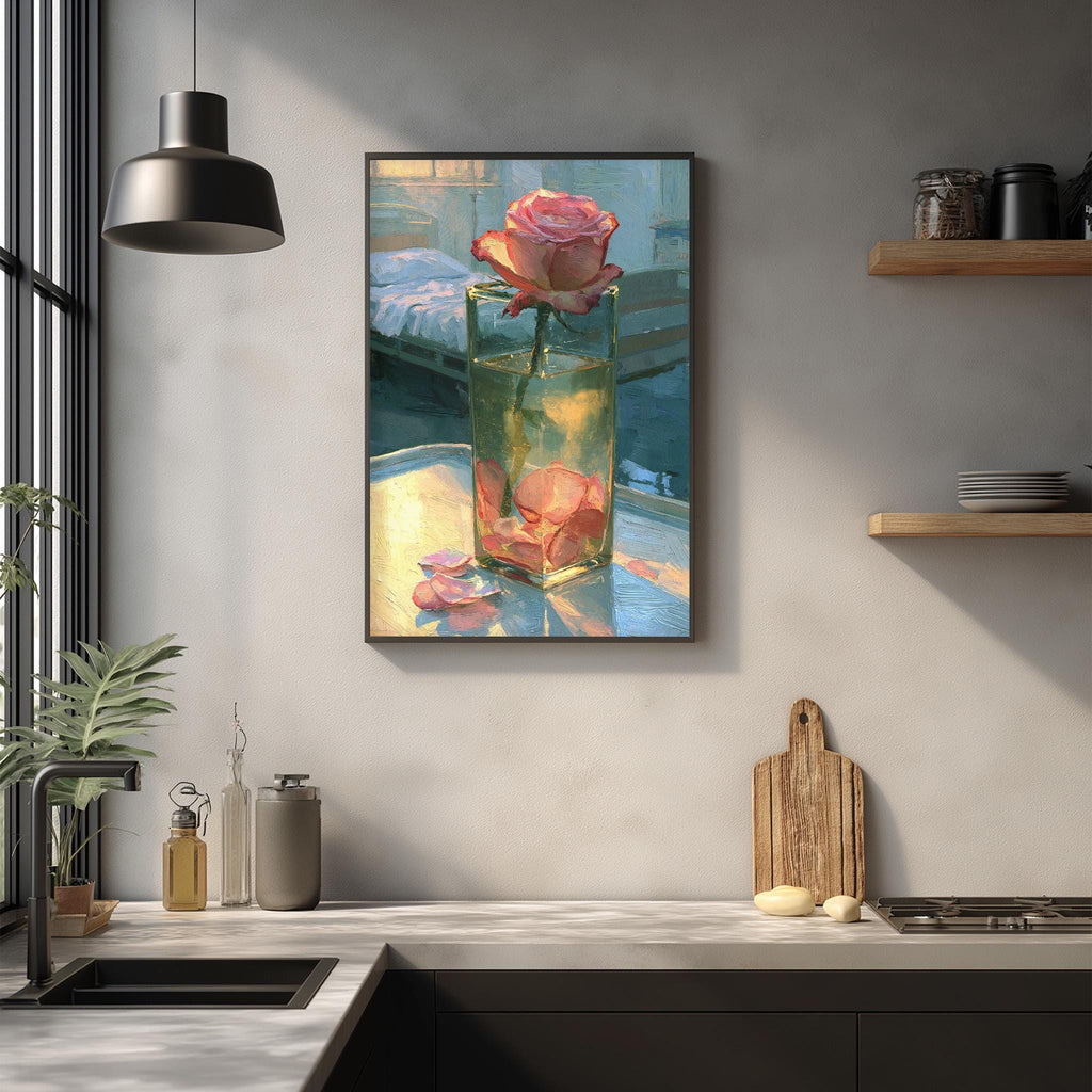 a kitchen counter with a framed painting of a pink rose in a glass vase, a wooden cutting board, and various kitchen items such as a bottle, a canister, and a bowl.