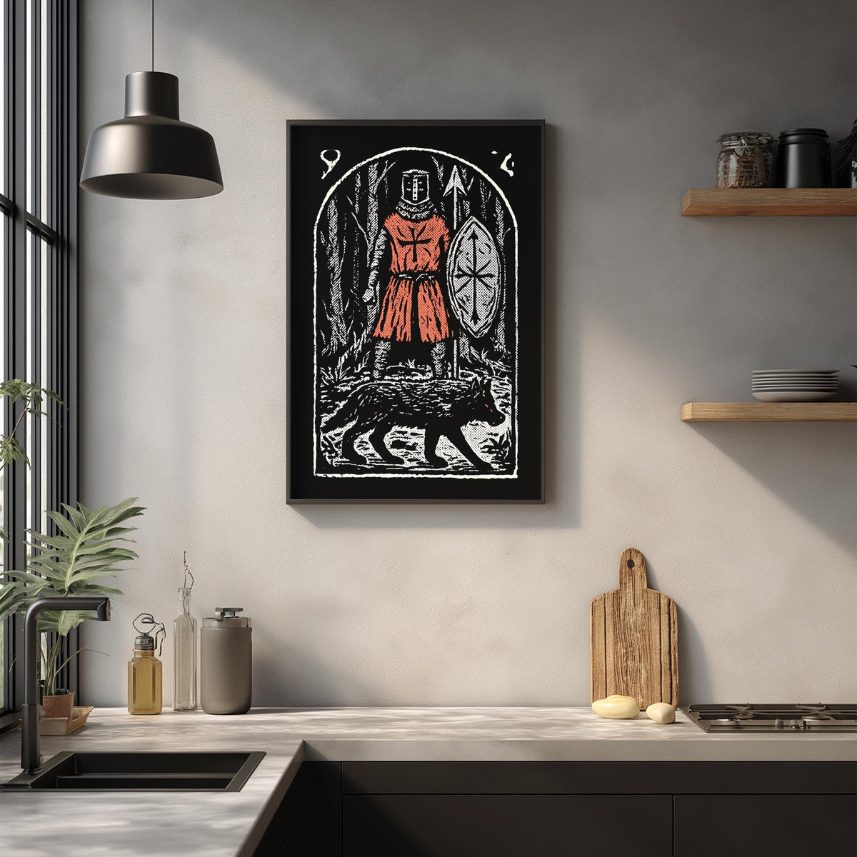 a kitchen counter with various kitchen items, including a cutting board, a knife, and a bottle. Above the counter, there is a framed illustration of a knight in armor, which appears to be a tarot card.