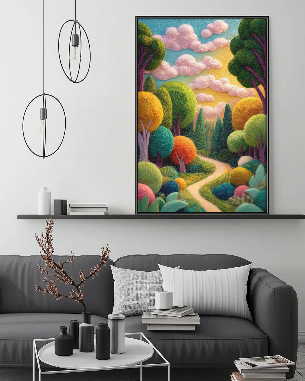 a large, colorful painting of a whimsical forest scene hanging on a wall above a gray couch in a living room setting.