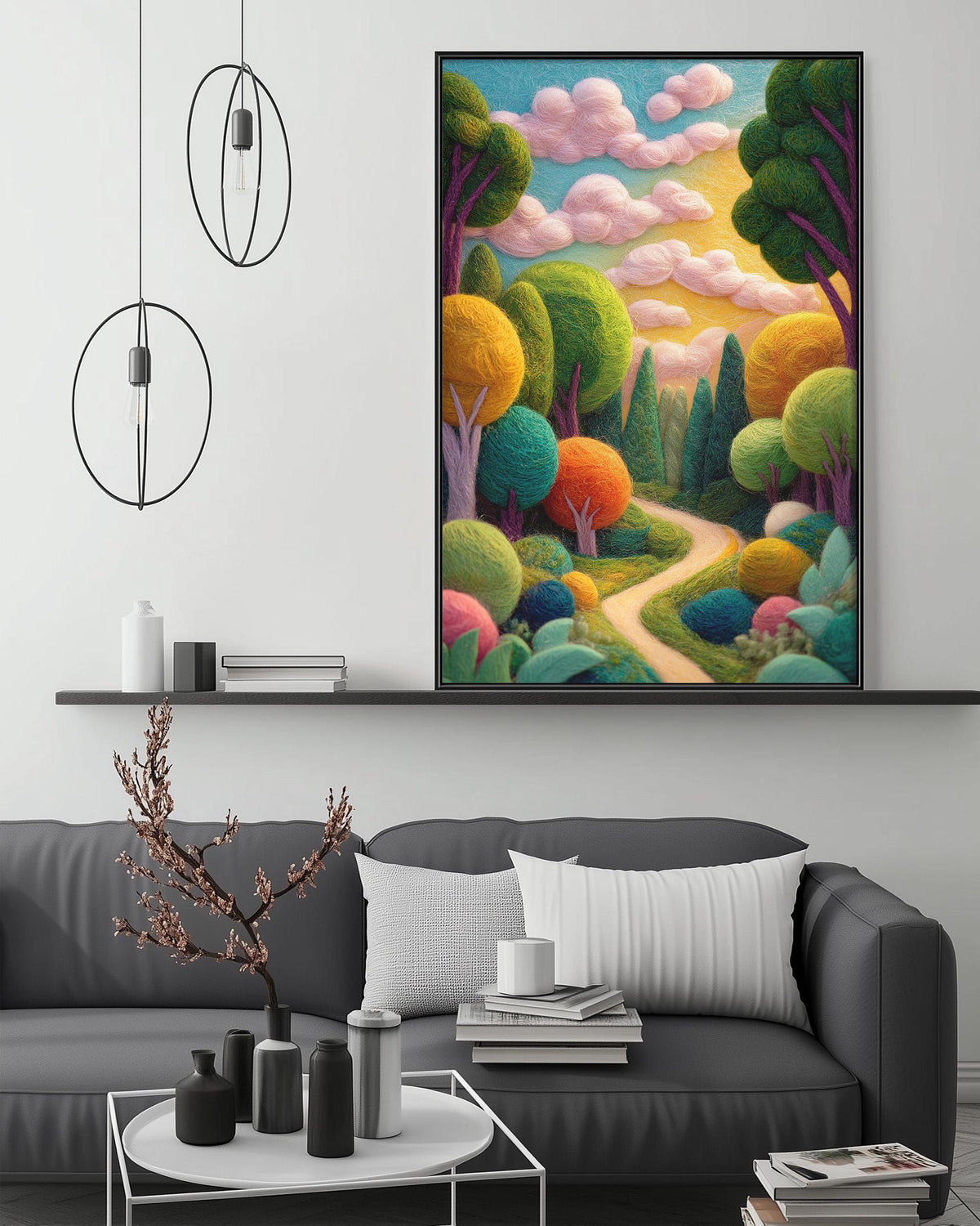 a large, colorful painting of a whimsical forest scene hanging on a wall above a gray couch in a living room setting.